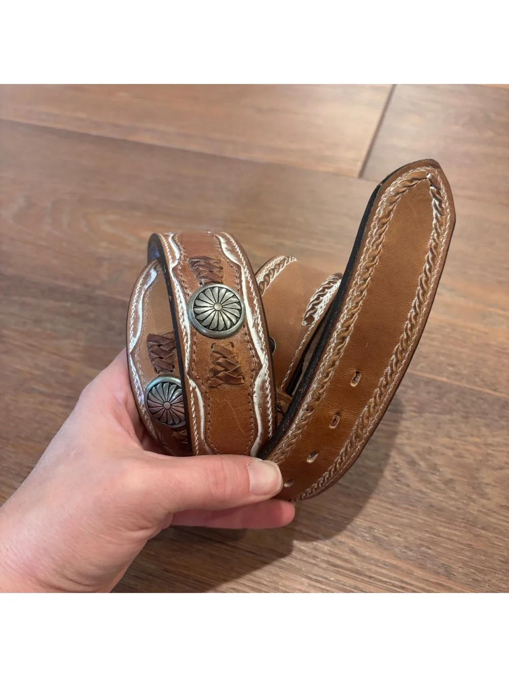 Western Brown Leather Belt with Lace Detail and Silver Conchos, Size 41